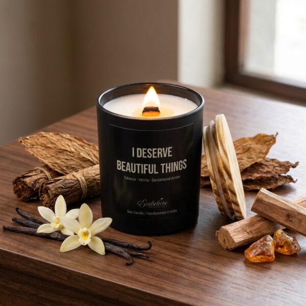 Rich fragrance ingredients showing dry tobacco leaves, vanilla beans, sandalwood sticks, and amber resin