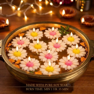 Embelure daisy floating candles pack of 6 in a brass urli for Diwali decoration